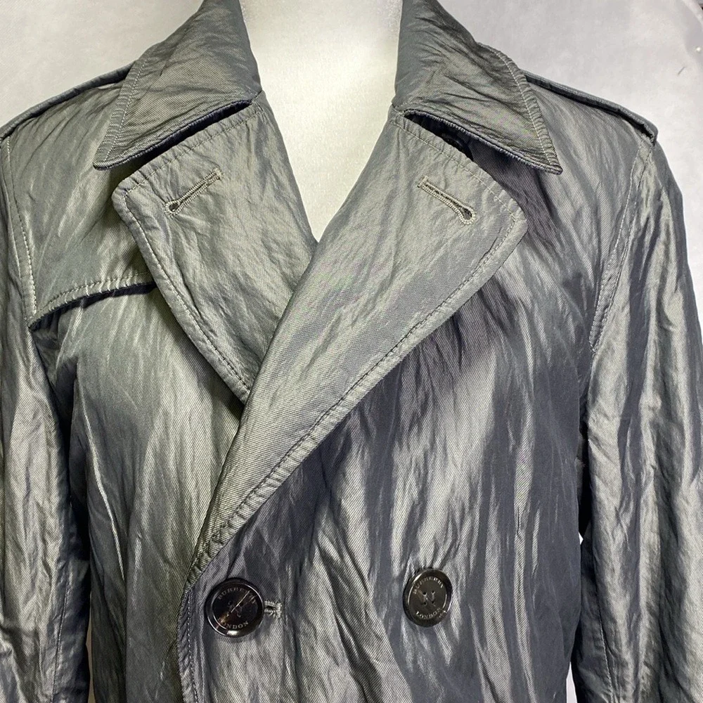 Burberry London Metallic Charcoal Crinkle Trench Coat Belted Double Breasted 180 - Picture 2 of 12